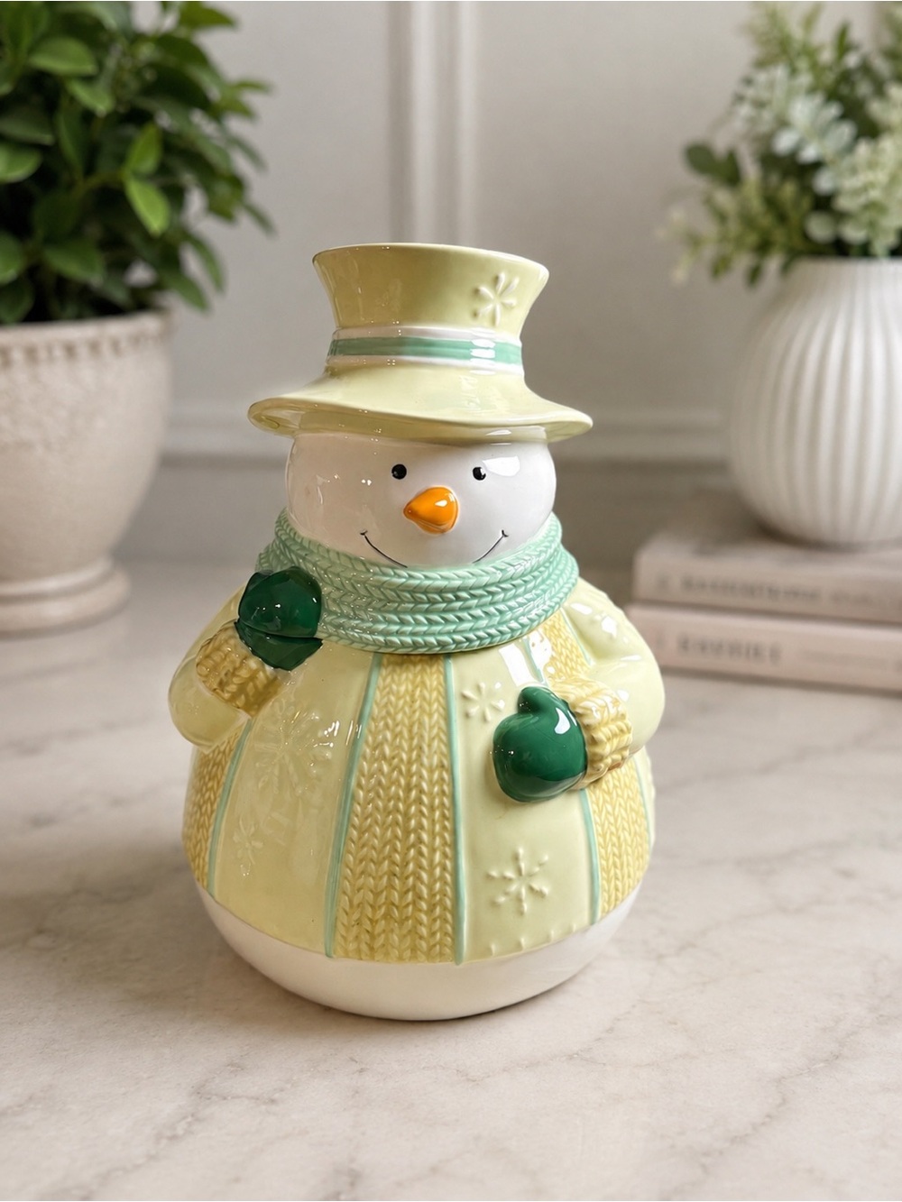 Bella Casa Ganz Snowman Ceramic Cookie Jar Pastel Green Winter Holiday Decor